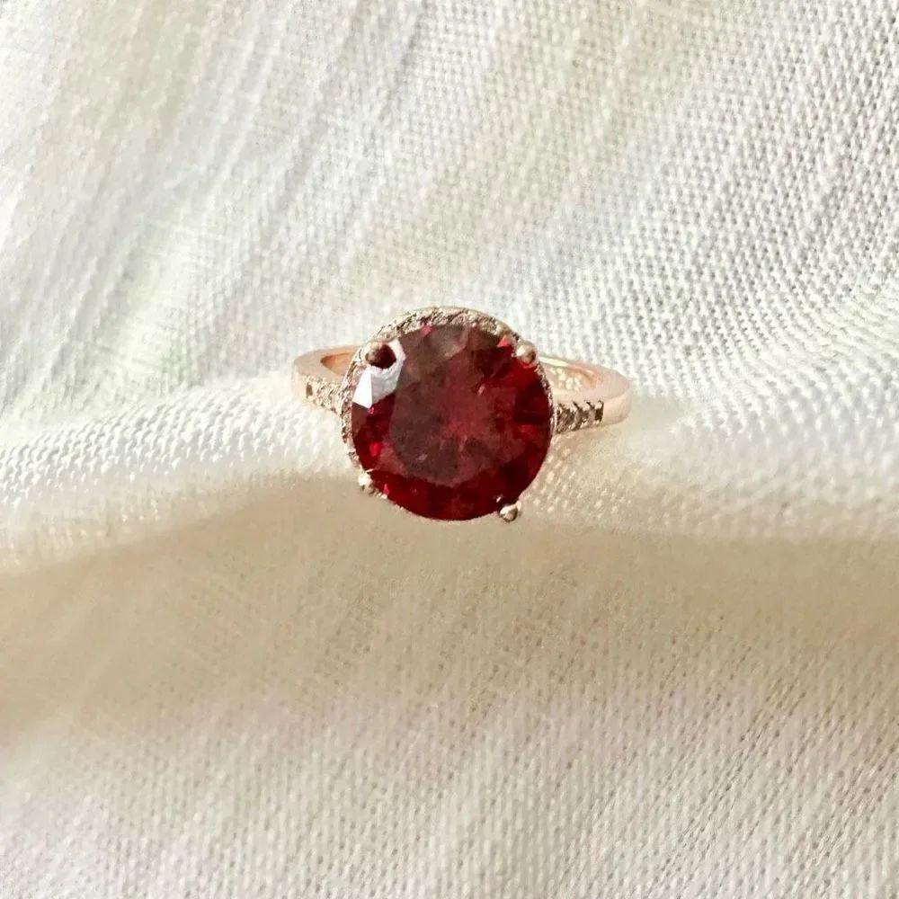 Bright red round cut ruby ring cubic zirconia with halo adjustable size